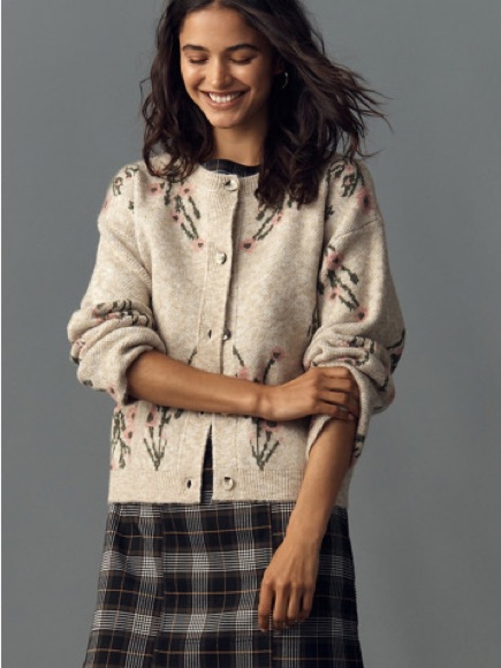 Small Anthropologie Maeve Beige pink Floral Button-Up Cardigan sweater FLAW